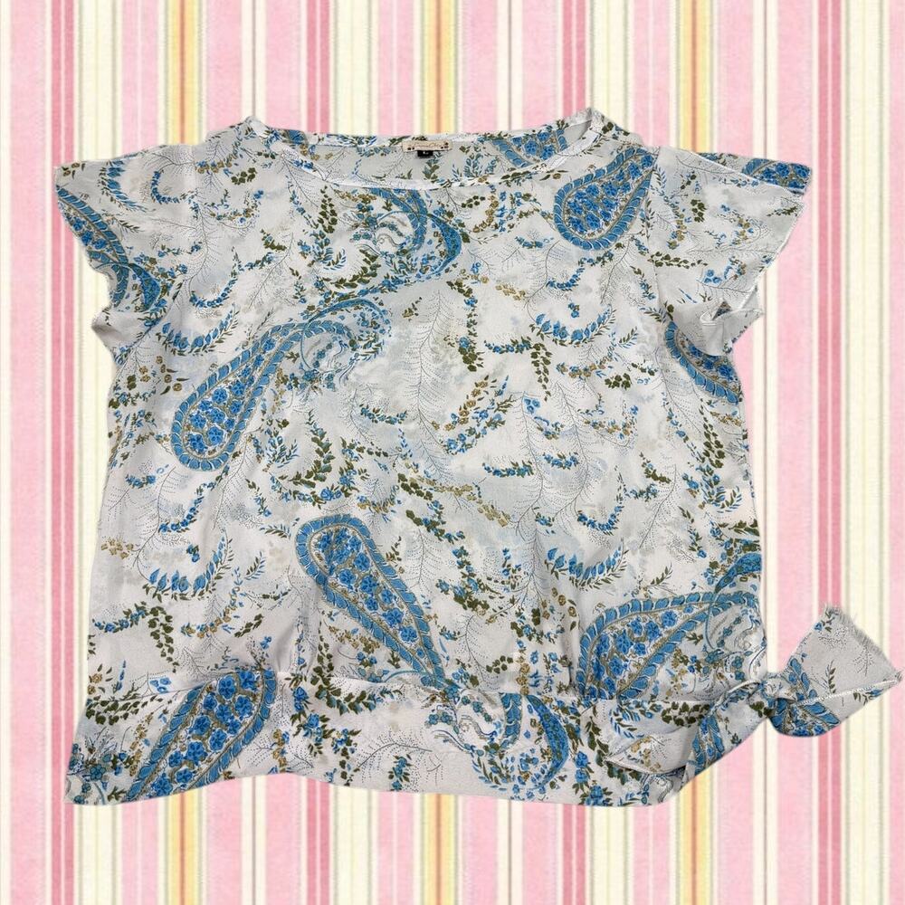 Y2k Luna Chix Junior Womens Size L White Blue Floral Paisley Sheer Blouse